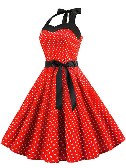 Women Polka Dot Print Summer Dress Sexy Retro White Halter Vintage Dress Robe Femme Pin Up Rockabilly Party Dress