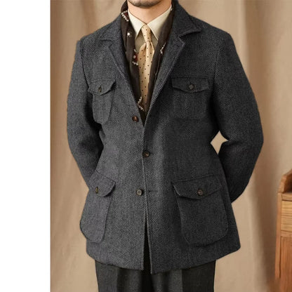 Hunting Multi-pocket Suit Jacket British Men's Retro Sport Coat With Belt Herringbone Business Causal Lapel Suit Blazers Tuxedos
