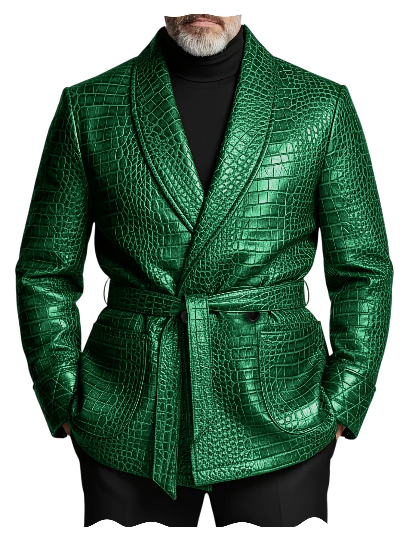  Men's Crocodile Pattern Leather Blazer Double Breasted Belted Shawl Collar Jacket Business Formal Party Wedding Casual Wear