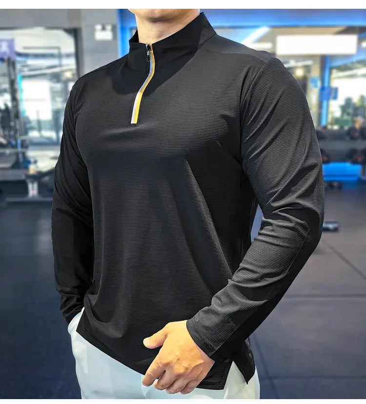 Stand-up Collar Sports Long-sleeved Men Autumn Outdoor Running Gym Fitness Training Clothes Elastic Quick-drying Breathable Top
