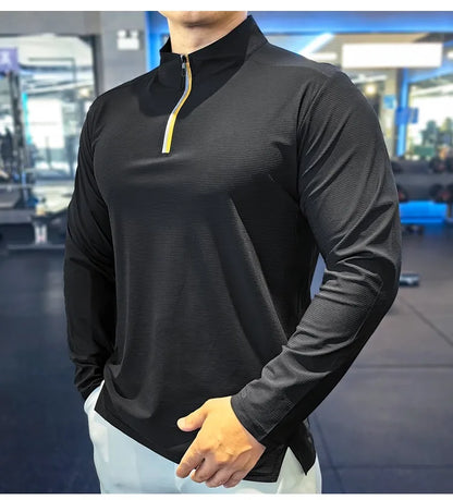 Stand-up Collar Sports Long-sleeved Men Autumn Outdoor Running Gym Fitness Training Clothes Elastic Quick-drying Breathable Top