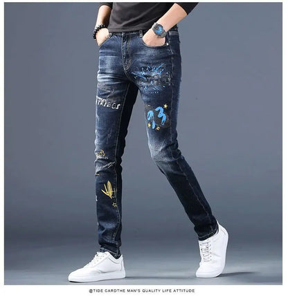 Harajuku Fashion Men's High-end Embroidered Jeans Korean Style Prints Patches Slim Fit Casual Spring Autumn Cowboy Trousers