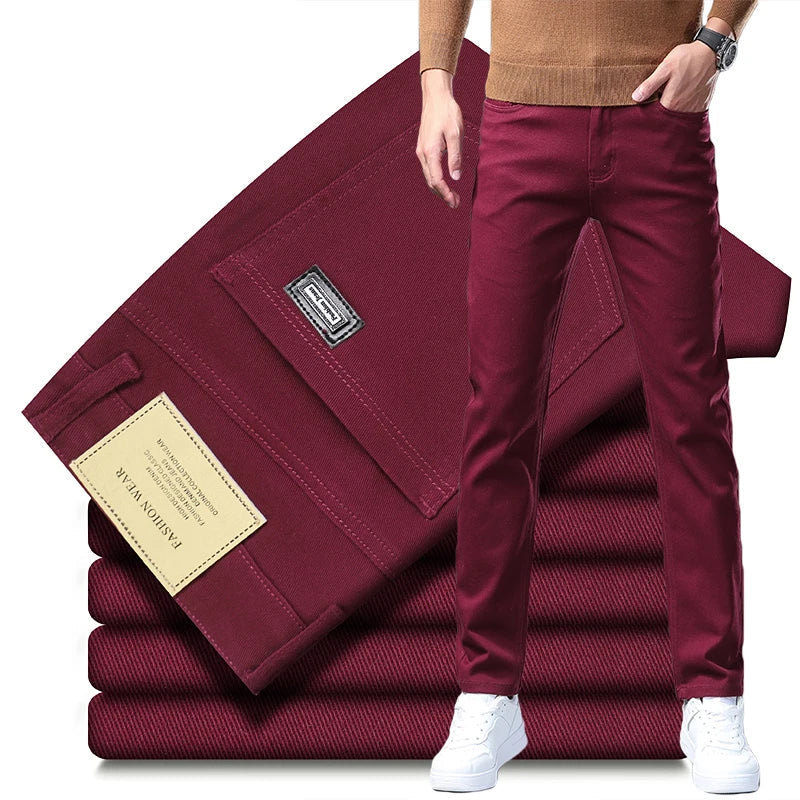 Large Size 42 44 Autumn 96% Cotton Men's Stretch Slim Jeans ArmyGreen Soft Comfortable Casual Straight Denim Pants Trousers