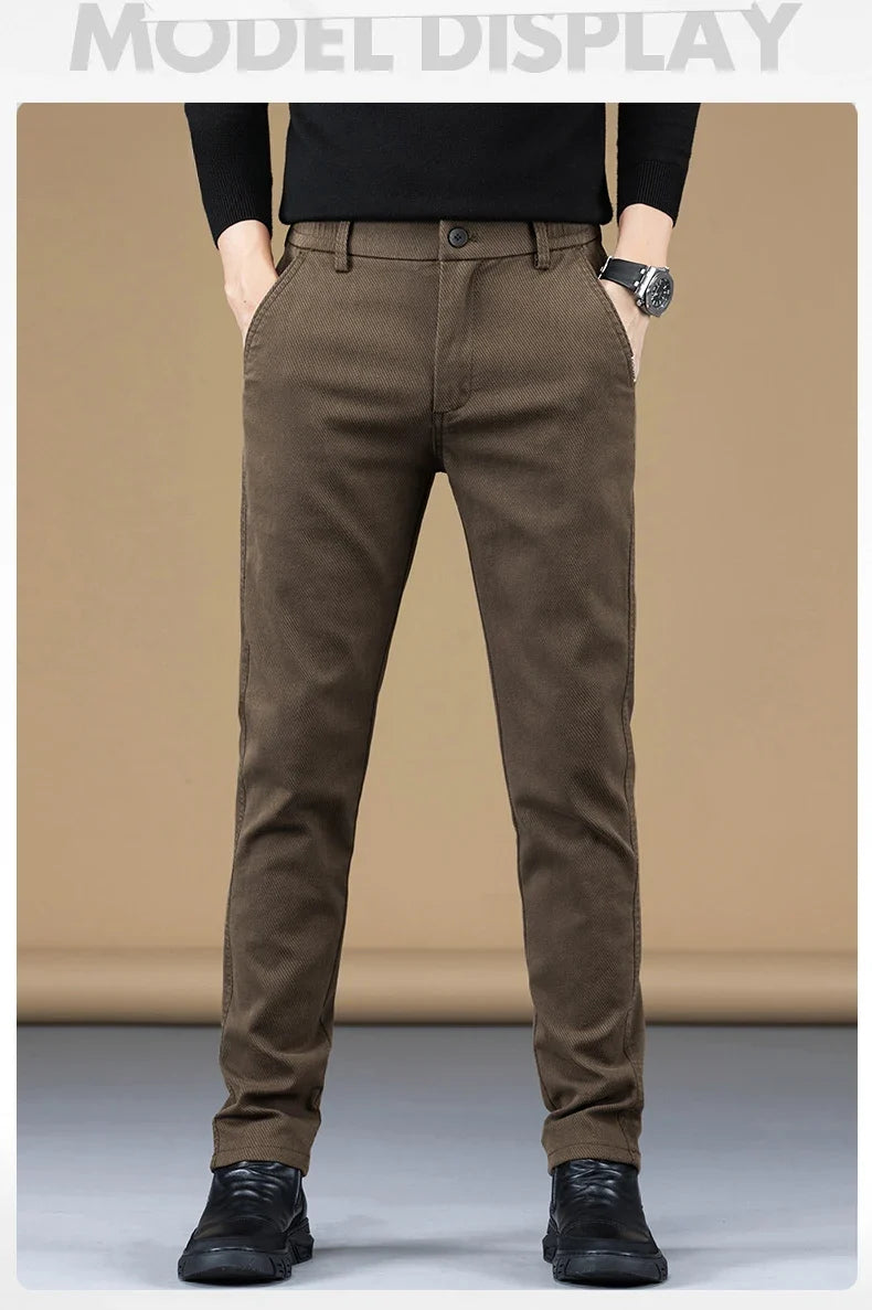 Stretch Fleece Casual Pants Men Korean Thickened Straight Thermal Velvet Pants Male Winter Business Soft Slim Fit Trousers