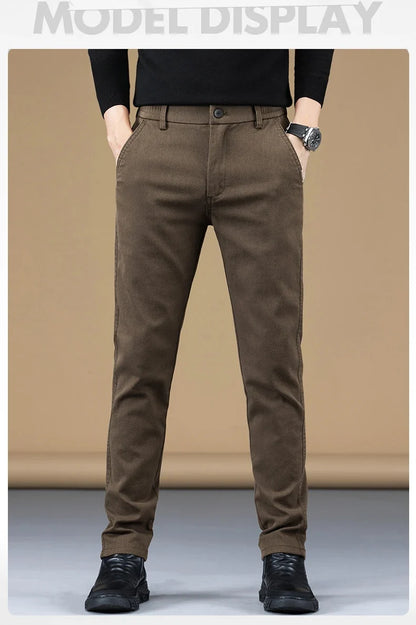 Stretch Fleece Casual Pants Men Korean Thickened Straight Thermal Velvet Pants Male Winter Business Soft Slim Fit Trousers