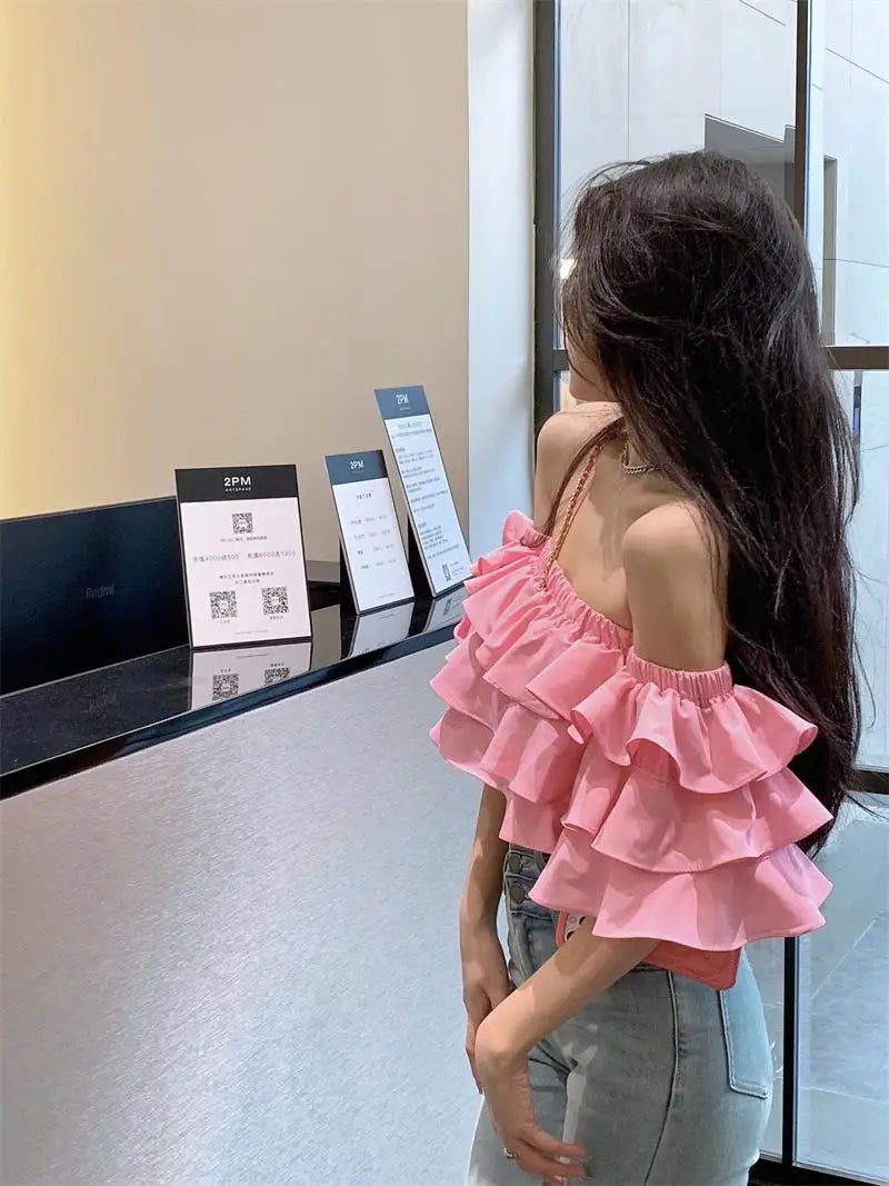 Off Shoulder Fashion Woman Blouse Stacked Ruffles Crop Top Shirt Summer Designer Short Sleeve Chiffon Sexy 2023 New