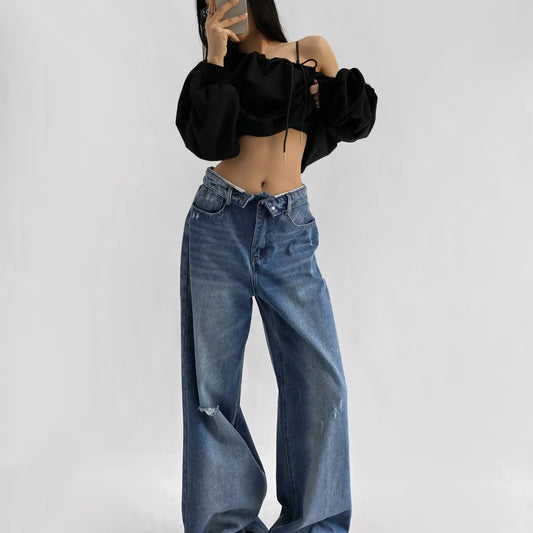 American Retro Cuffed High Waist Slimming Casual Denim Jeans Women's Autumn Versatile Loose Straight Leg Floor-Length Pants