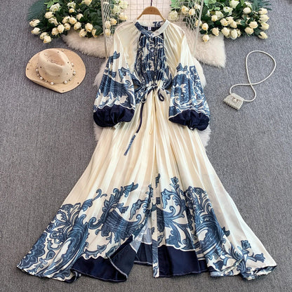 Ele Printed round Ne Lantern Sve Dr Women's Single Button Waist Cinch Maxi Skirt Long Dr Commute Sle Autumn