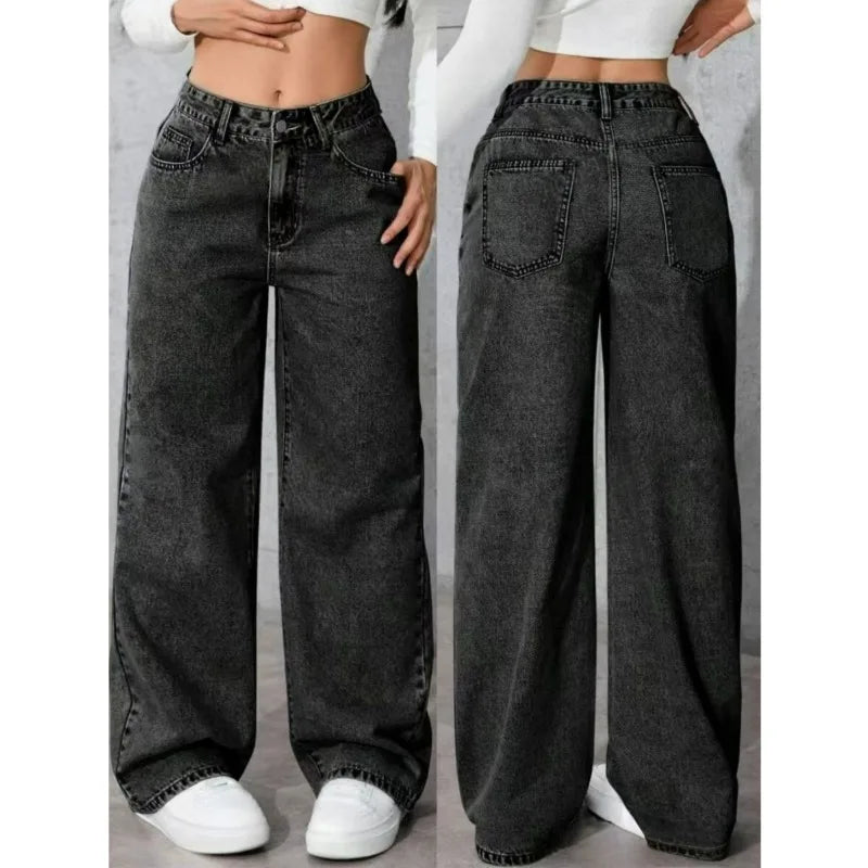 Women's Classic Wide Leg Stretch Jeans with Button  Soft Comfortable Autumn Winter Vintage Wash Stylish Jeans High Street Pants