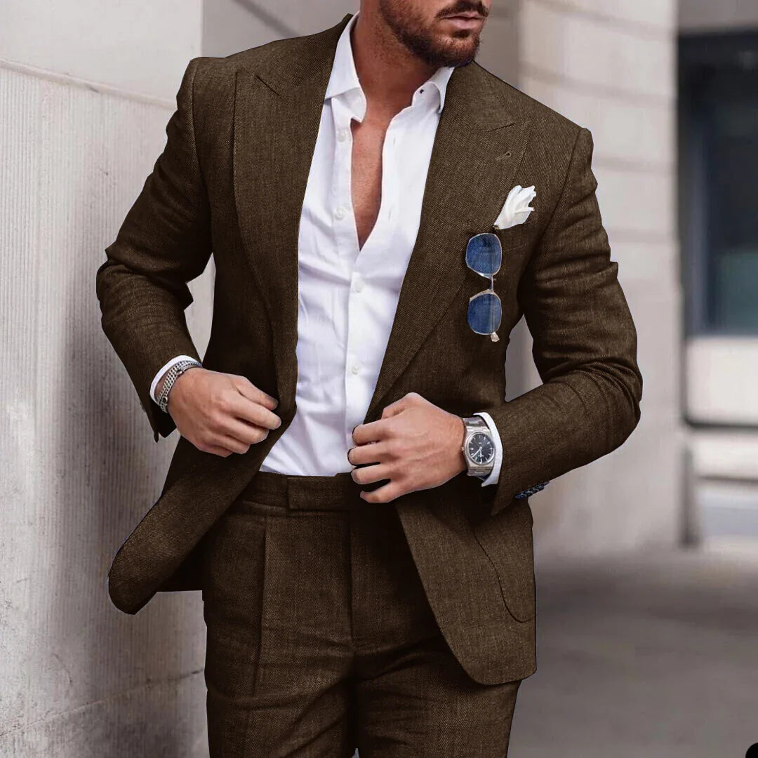 Men's 2 Piece Linen Suit Slim Fit Notch Lapel Casual Blazer Jacket & Trousers Business Wedding Party Formal Dress Set for Men