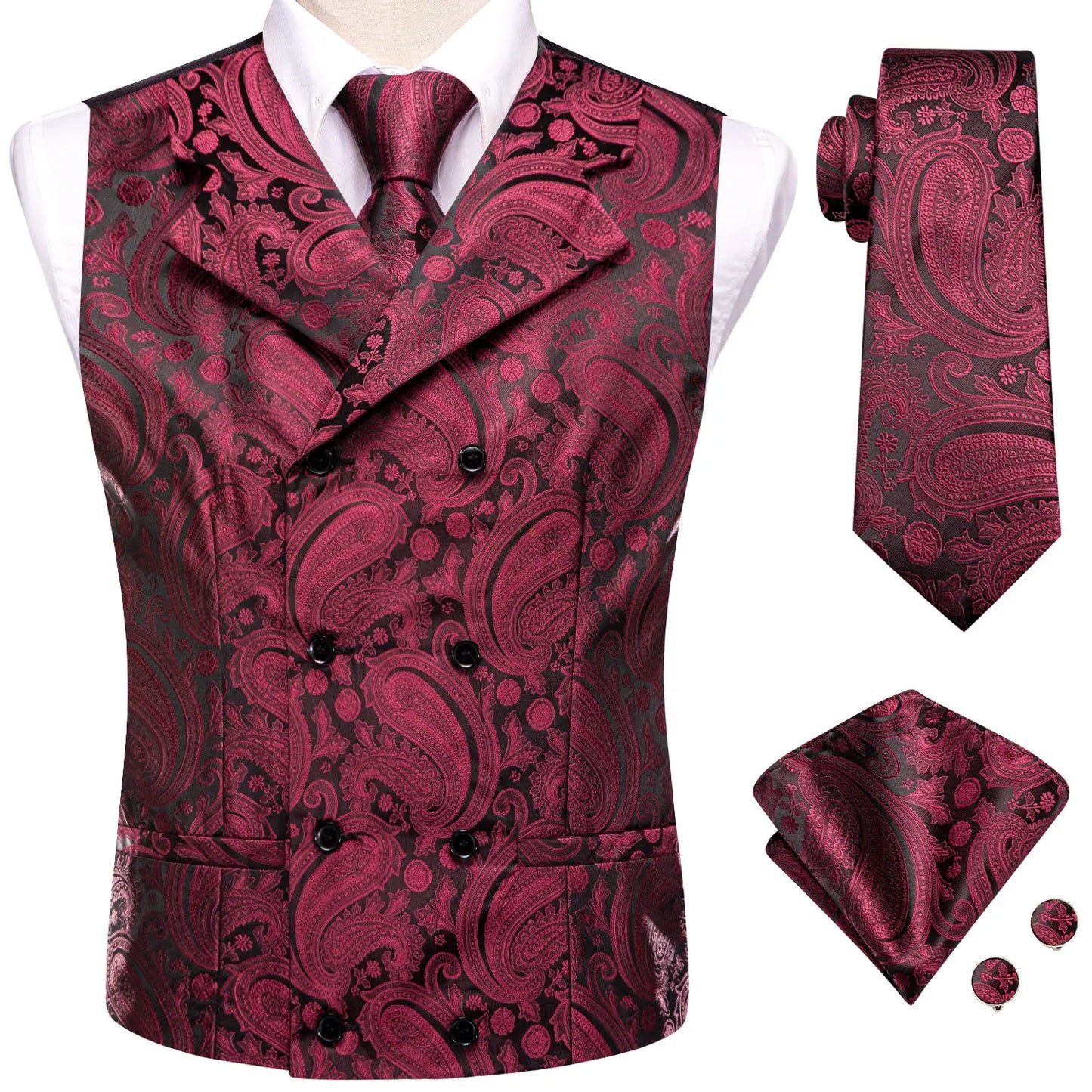 Dark Red Men's Vests Silk Paisley Jacquard Waistcoat Jacket NeckTie Hanky Cufflinks for Men Business Party Designer Gifts