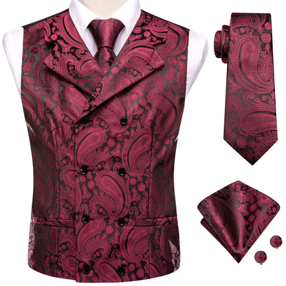 Dark Red Men's Vests Silk Paisley Jacquard Waistcoat Jacket NeckTie Hanky Cufflinks for Men Business Party Designer Gifts