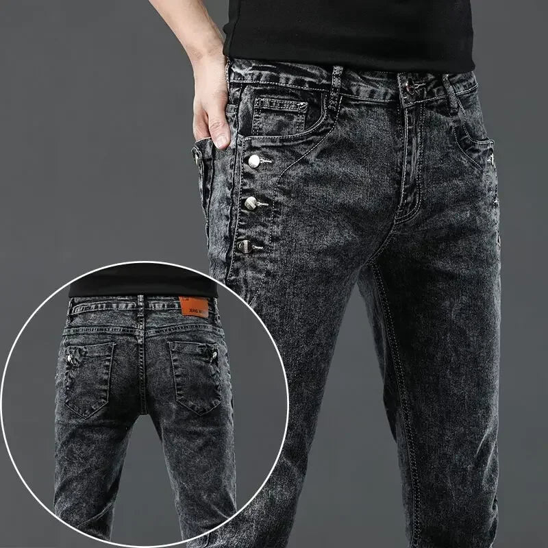 Men's Vintage Jeans Designer Korean Fashion Snowflake Wash Stretch Straight Pencil Pants Classic Slim Male Denim Trousers