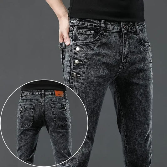 Men's Vintage Jeans Designer Korean Fashion Snowflake Wash Stretch Straight Pencil Pants Classic Slim Male Denim Trousers