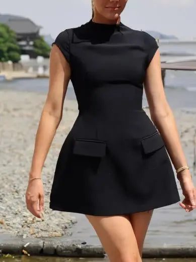 Casual Pretty Sleeveless Slim Mini Dress Women 2024 Summer Sexy O Neck High Waist Black Short Dresses Elegant