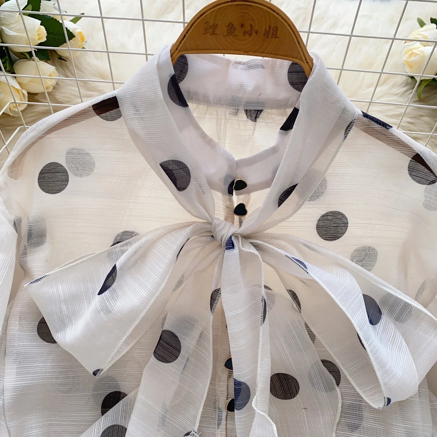 Women Butterfly Bow Lace-up Vintage Lantern Long Sleeve Top Slim Fashion Polka Dot Mesh Chiffon Blouse Hotsweet Spring Clothing