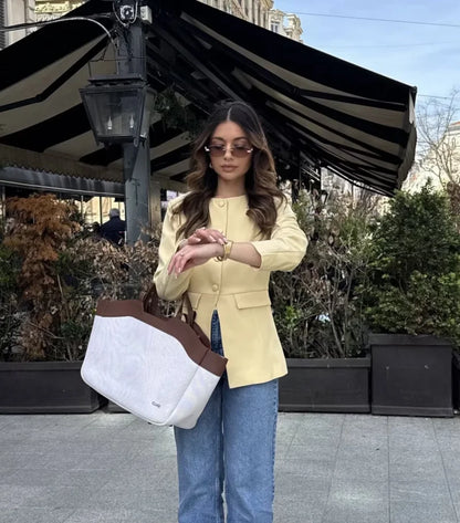2025  women's new elegant fashion retro round neck cut waist slit long-sleeved casual suit jacket
