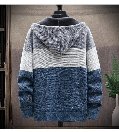 Men's Knit Sweater Fleece Coat Striped Jackets Fashion Hoodies Winter Autumn Thick Warm Windbreaker Pullovers Male Clothing