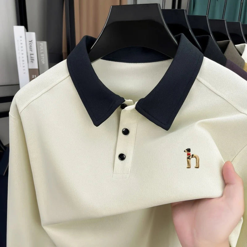 High quality luxury long sleeve polo shirt  men's spring autumn new trend brand cute dog embroidery Korean casual lapel T-shirt