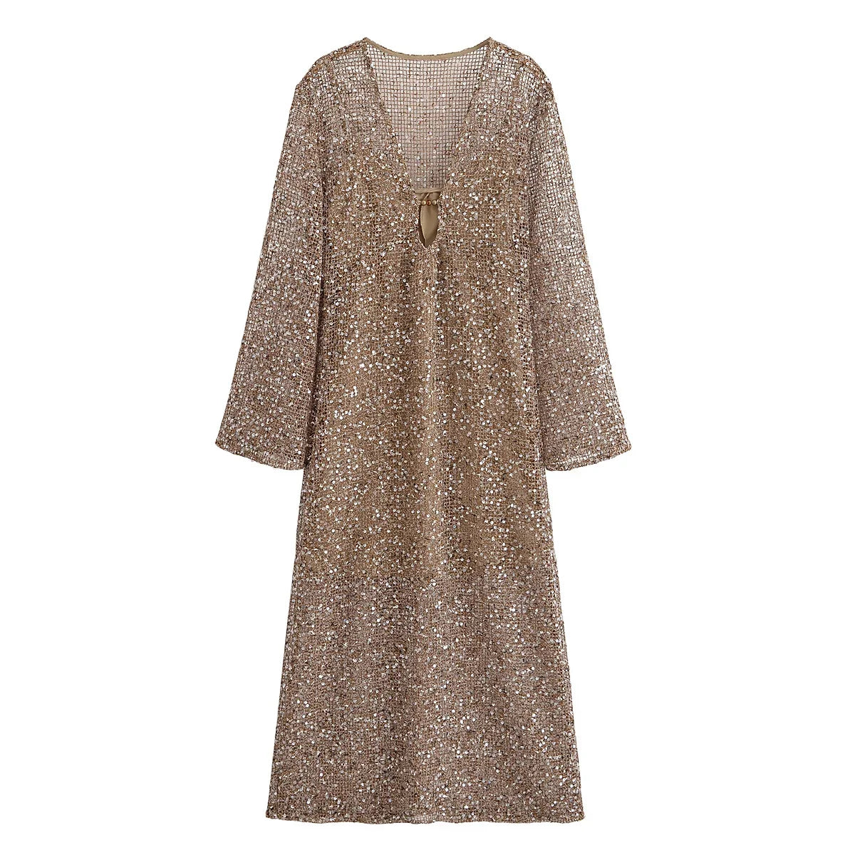 Sexy Sequined Long Pleated Dress Women Deep V-neck Full Sleeve See Through Dresses 2026 Summer Lady Party Evening Dresses ﻿
