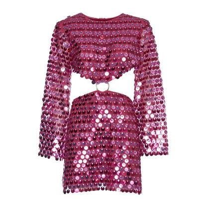 Shiny Sequins Dresses Women Sexy Flare Sleeve Slim Fit Hollow Out Mini Dress Elegant Sparkling Club Party Outfits Female