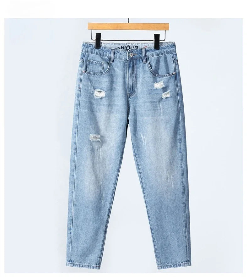 Summer Thin Ripped Jeans Mens Straight Breathable Washed Denim Trousers Casual Streetwear Harlen Ankle Length Pants Light Blue