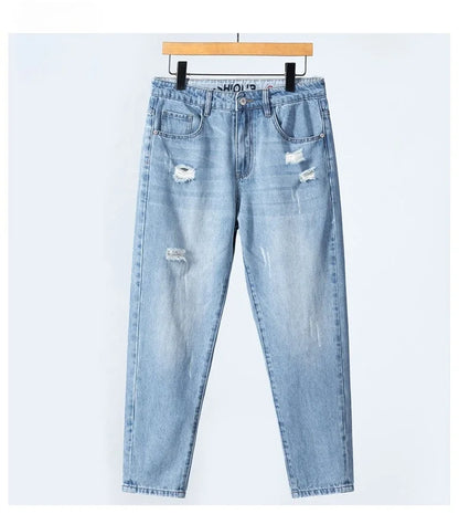 Summer Thin Ripped Jeans Mens Straight Breathable Washed Denim Trousers Casual Streetwear Harlen Ankle Length Pants Light Blue