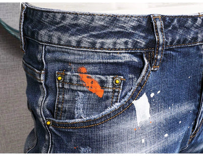 Fashion Streetwear Men Jeans Retro Black Blue Elastic Slim Fit Ripped Jeans Men Spliced Designer Embroidery Hip Hop Denim Pants