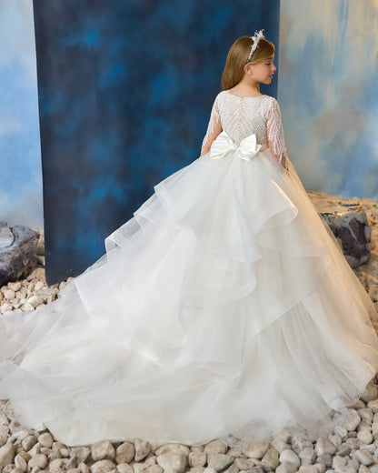Ivory Flower Girl Dresses For Wedding Beaded Bow Customized Long Sleeve Baby First Communion Dresses