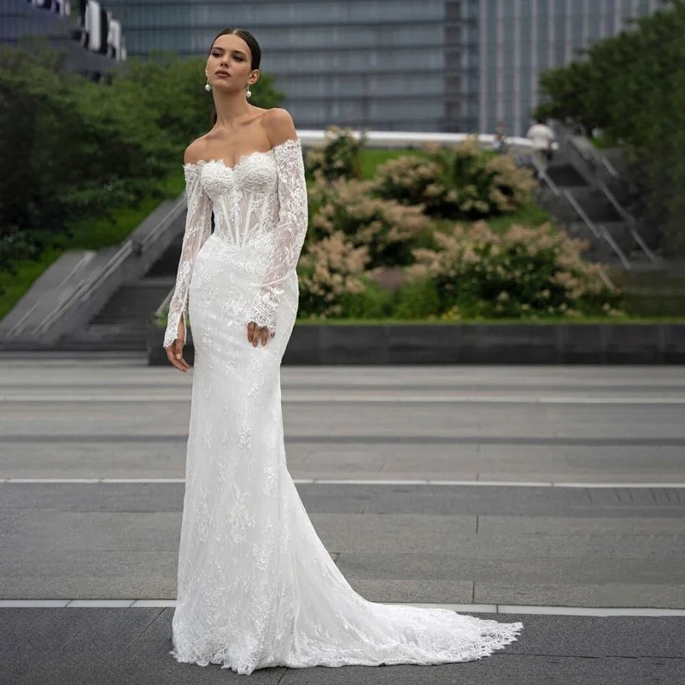 Sweetheart Collar Lace Long Sleeve Boho Wedding Dress Mermaid Backless Long Back Beach Bridal Dress with Train Custom Made
