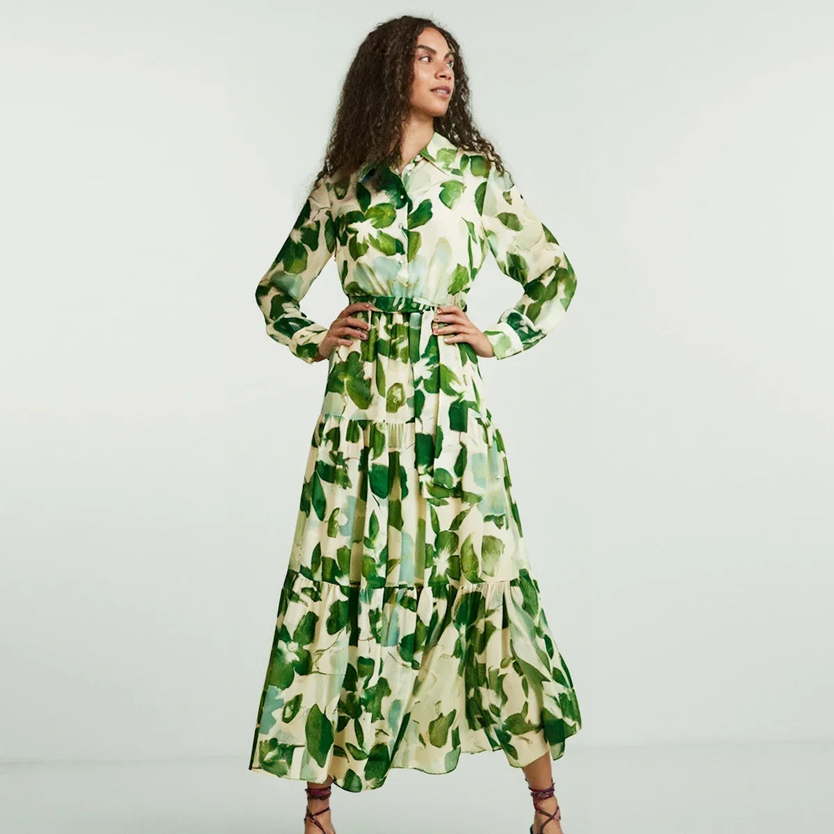 Women's Dress 2025 Spring New Long Sleeve Collar Green Flower Vacation