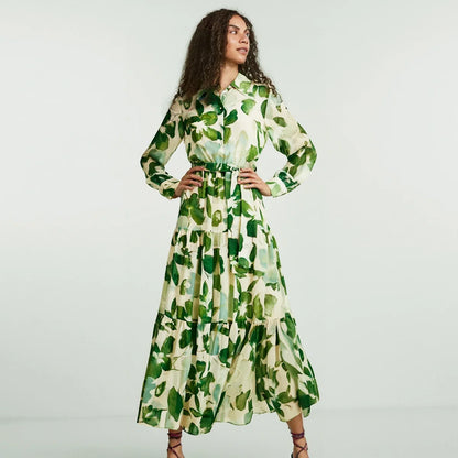 Women's Dress 2025 Spring New Long Sleeve Collar Green Flower Vacation