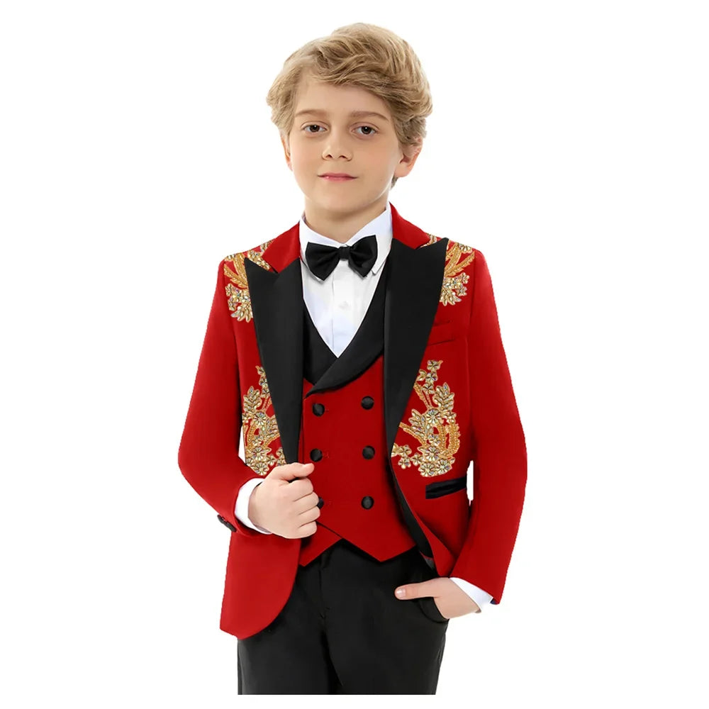 Christmas Boys Slim Fit Suis 4 Pieces Jacket Vest Pants Bow-tie Exquisite Red Beaded Suit Set Birthday Party Outfit 3-14T