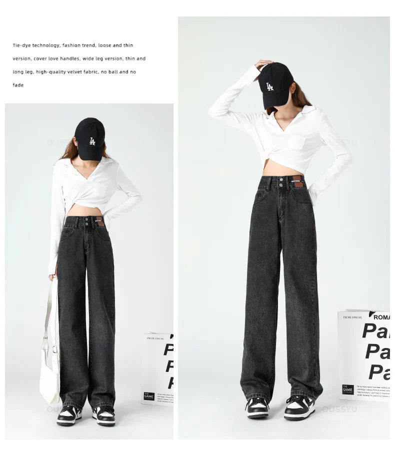 Y2K Woman Jeans High Waist Wide Leg Cotton Denim Clothing Blue White Streetwear Vintage Fashion Harajuku Straight Pants