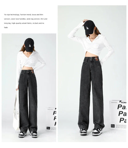 Y2K Woman Jeans High Waist Wide Leg Cotton Denim Clothing Blue White Streetwear Vintage Fashion Harajuku Straight Pants