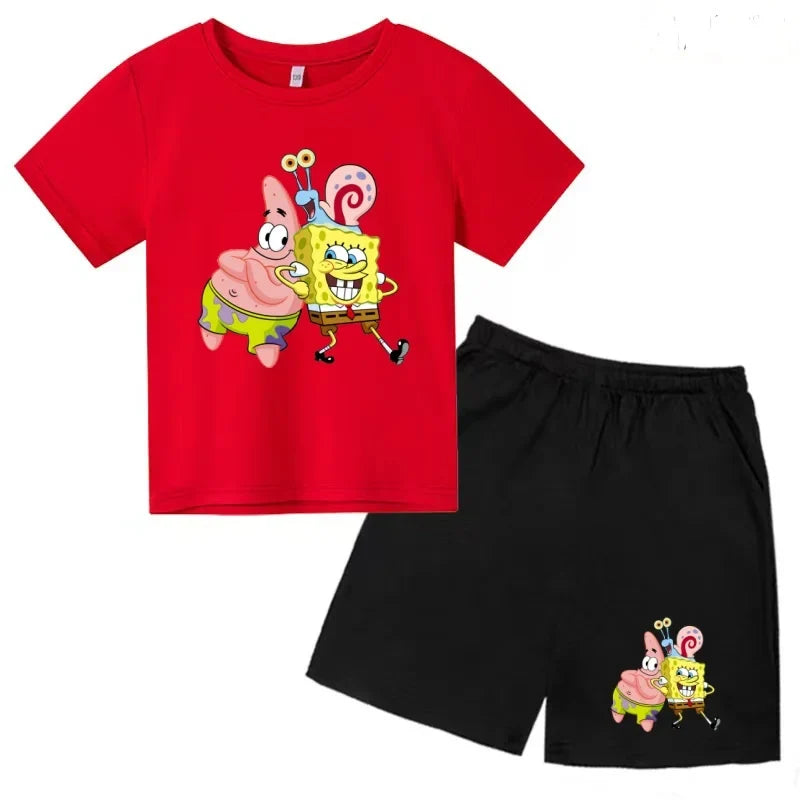 Kids Summer Anime SpongeBob SquarePants Fashion T-shirt 3-12 Years Boys Girls Toddler Short-sleeved+Shorts Casual Sportswear Set