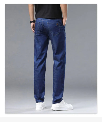 Light blue classic business jeans, fashionable breathable denim elastic pants, black blue men's straight leg jeans, sizes 28-40
