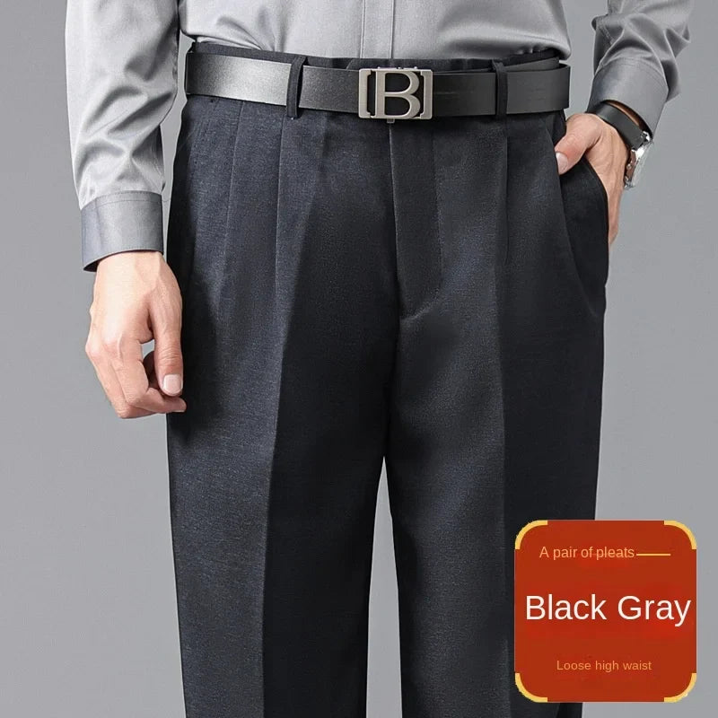 Double Pleated Mens British Pants High Waist Thicken Straight Business Black Formal Clothes For Mens Dress Trousers size 42 44