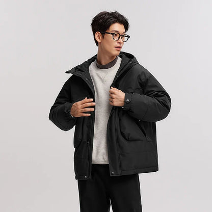 Down Jacket Men Windproof Waterproof Oil Stain Resistant 2025 Winter New Loose Hooded Workwear Thick Coat