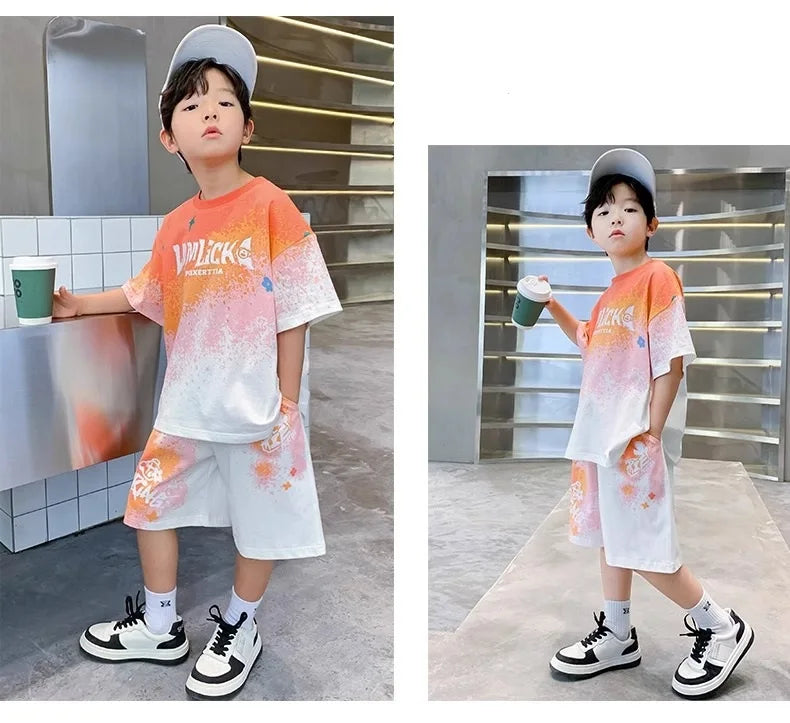 Summer Boys Tie Dye Gradient Alphabet T-Shirt Tops+Shorts Pant Workout Sets School Kids 2PCS Tracksuit Children Outfits 5-16 Yr