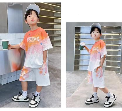 Summer Boys Tie Dye Gradient Alphabet T-Shirt Tops+Shorts Pant Workout Sets School Kids 2PCS Tracksuit Children Outfits 5-16 Yr
