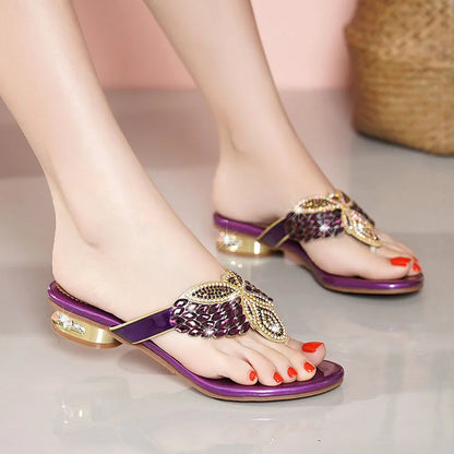Water Diamond Slippers for Women Summer Outwear Bohemian Beach Shoes Low Heel Holiday Flip Flops Sandals