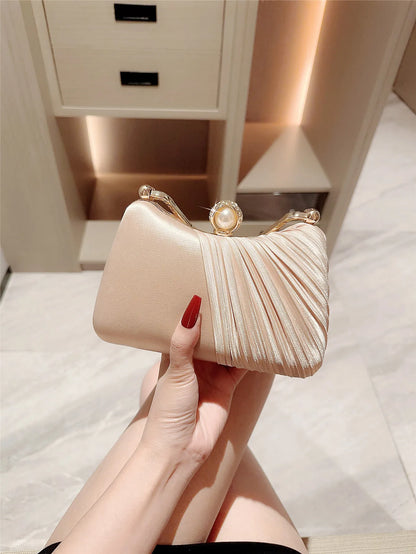 A fashion casual Satin Pleated Design Evening Bag Shiny Rhinestone Decor Prom Bag Romantic Wedding Bag Party Bag Evening Bag Dress Bag Bridal Bag Chain Bag Cocktail Handbag