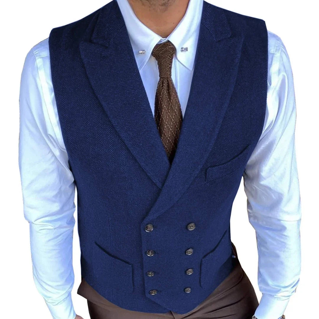 Men Vest Gray Herringbone Solid With Lapel Double Button Waistcoats For Wedding Banquet Business Office Work Men Suit Vest