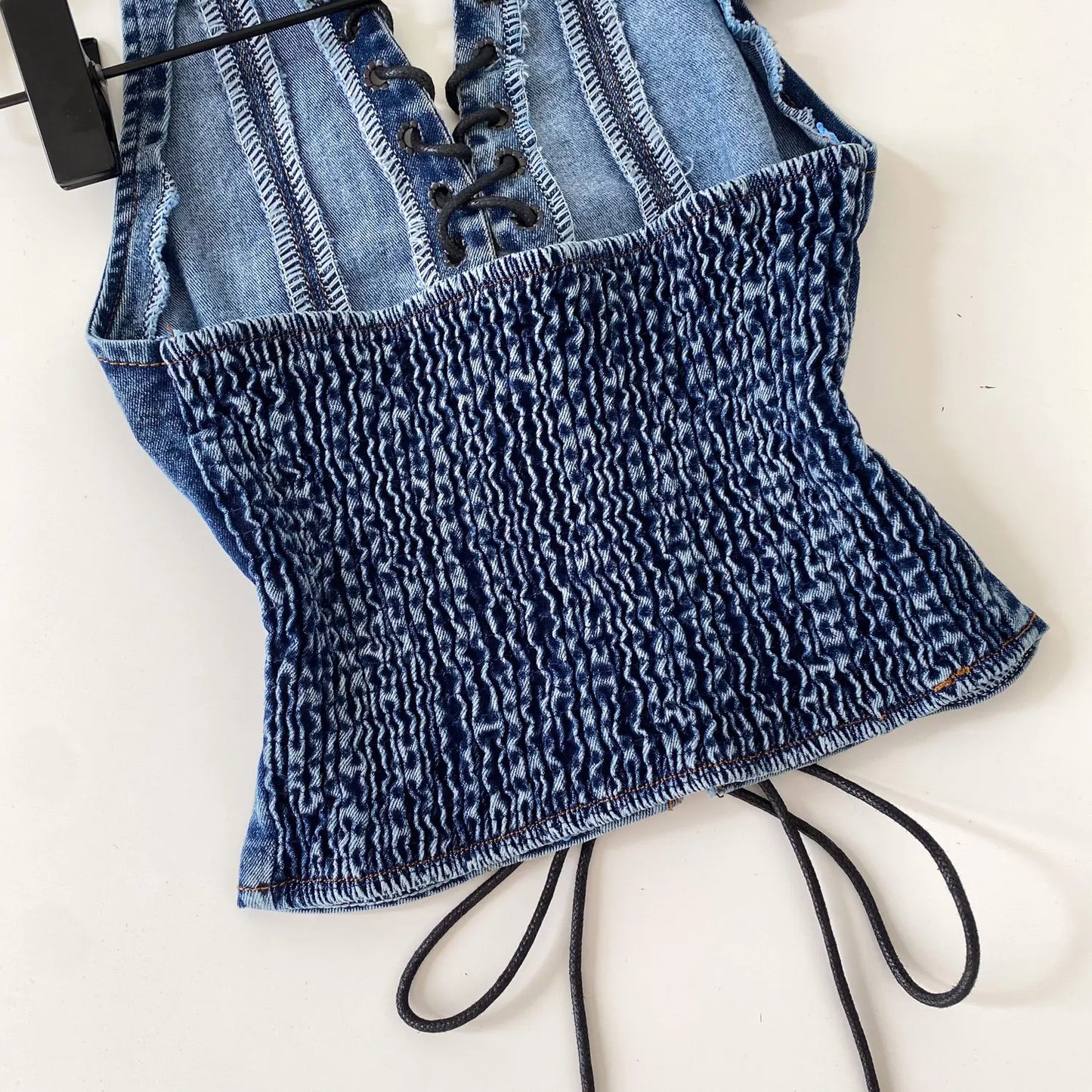Night Club Denim Camis Female Summer Backless V Neck Lace Up Shirred Retro Halter Top Y2K Hot Girl Streetwear Tank Top