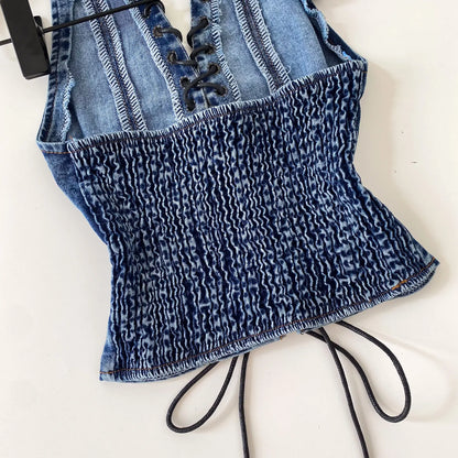 Night Club Denim Camis Female Summer Backless V Neck Lace Up Shirred Retro Halter Top Y2K Hot Girl Streetwear Tank Top