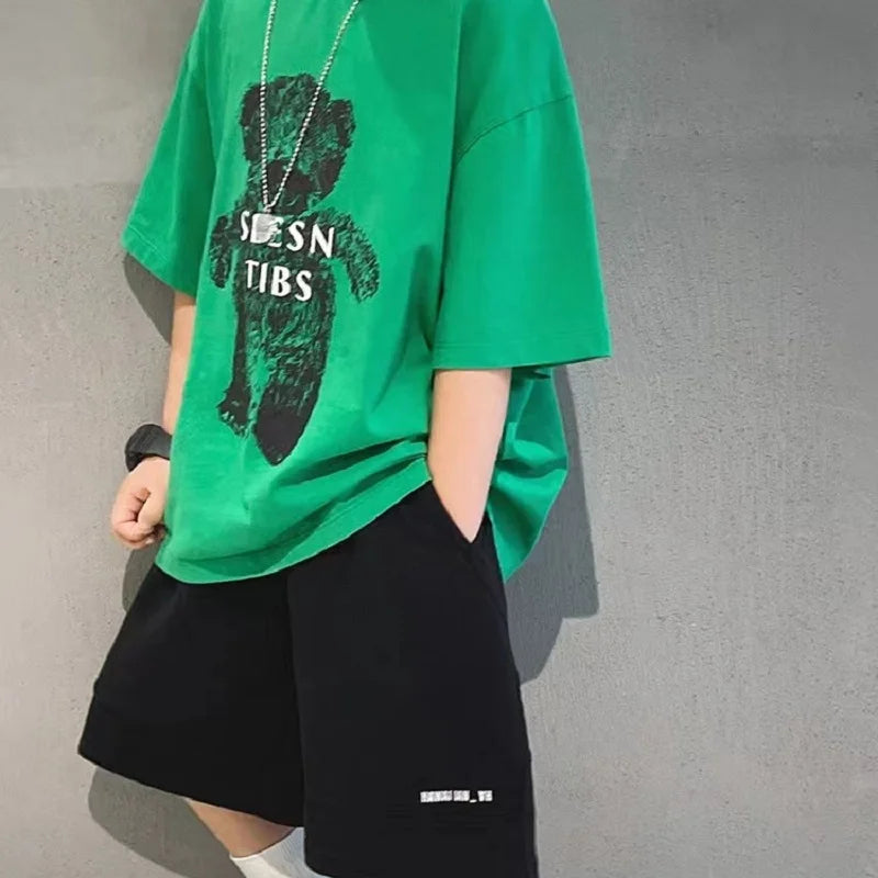 Summer Boys Cotton Cartoon Alphabet Short-Sleeved t-Shirt Tops+Short Pant Set School Kids Tracksuit Children 2PCS Outfit 3-16Yrs
