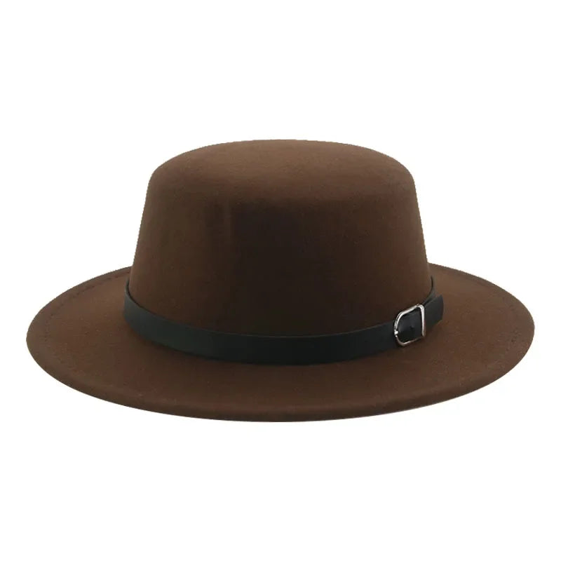Felted Men Hats Solid Flat Top Belt Band Classic Simple Fedora Hats Khaki Camel Black White Red Casual Formal Dress Winter Hats
