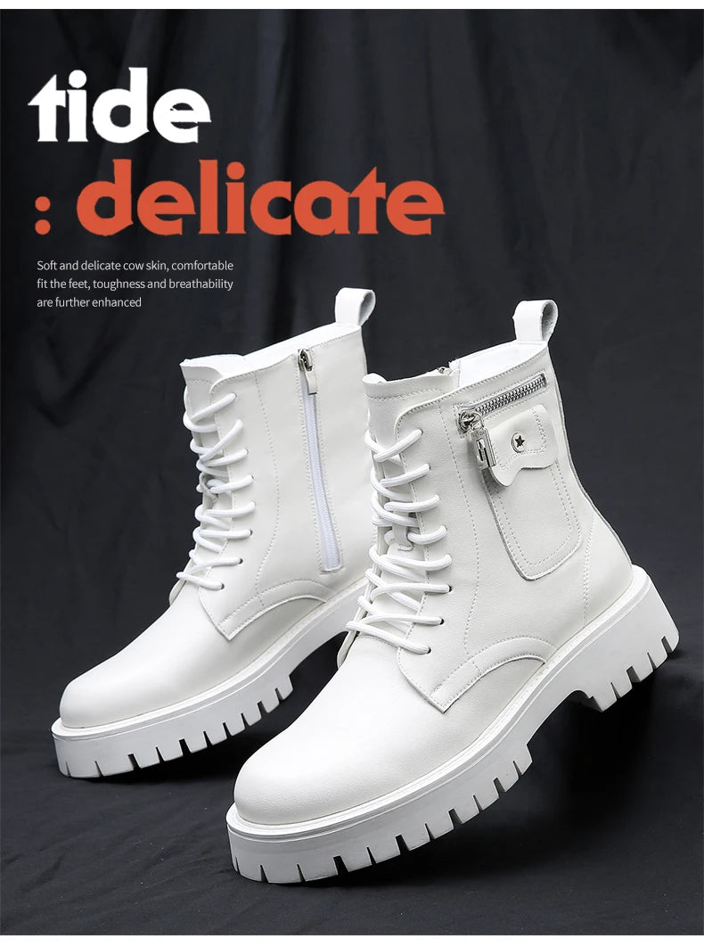 Fashion White Boots For Men New British Style Platform Motorcycle Boots Good Quality Casual Men’s High Top Leather Shoes Punk