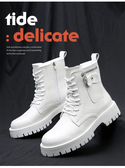 Fashion White Boots For Men New British Style Platform Motorcycle Boots Good Quality Casual Men’s High Top Leather Shoes Punk